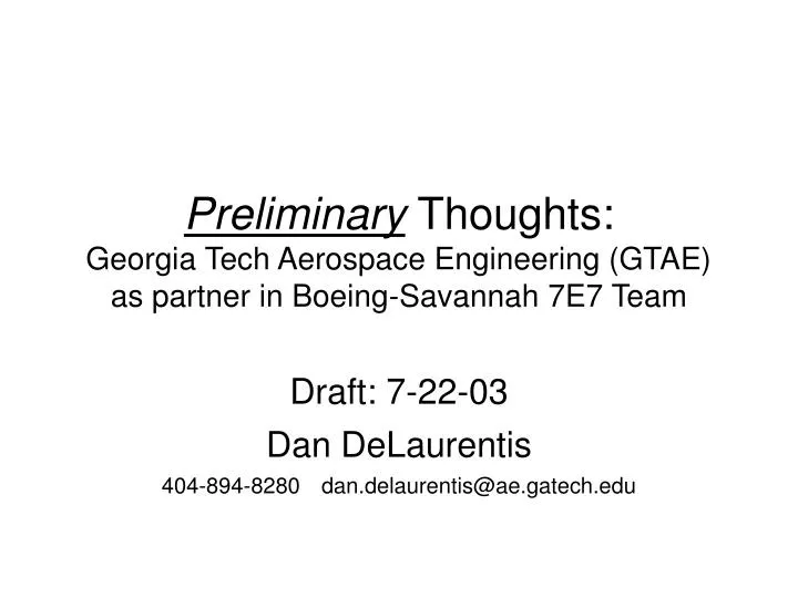 preliminary thoughts georgia tech aerospace engineering gtae as partner in boeing savannah 7e7 team