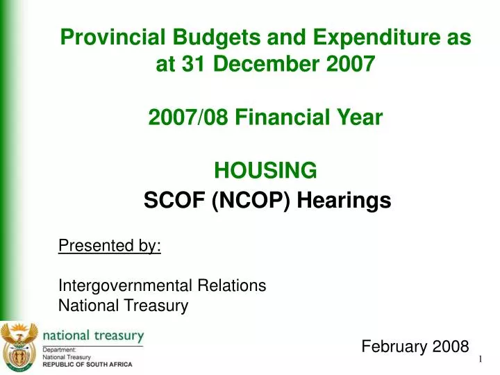 provincial budgets and expenditure as at 31 december 2007 2007 08 financial year housing