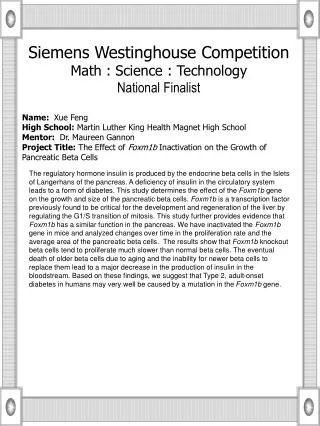 Name: Xue Feng High School: Martin Luther King Health Magnet High School