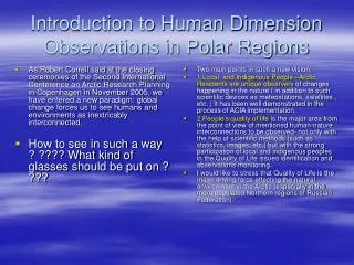 Introduction to Human Dimension Observations in Polar Regions