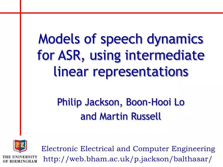 models of speech dynamics for asr using intermediate linear representations