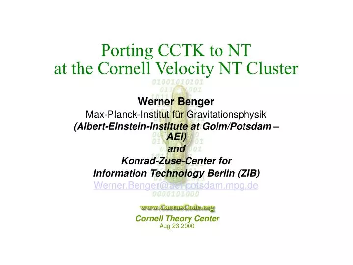 porting cctk to nt at the cornell velocity nt cluster
