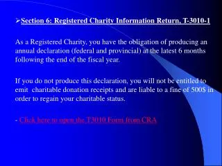 Section 6: Registered Charity Information Return, T-3010-1