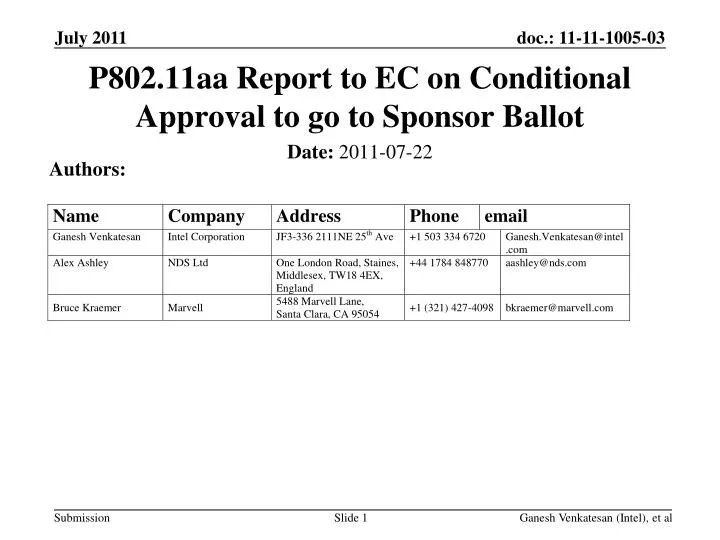 p802 11aa report to ec on conditional approval to go to sponsor ballot