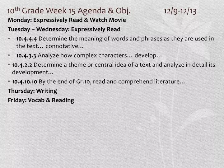 10 th grade week 15 agenda obj 12 9 12 13