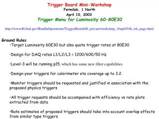 Trigger Board Mini-Workshop Fermilab, 1 North April 10, 2003 Trigger Menu for Luminosity 60-80E30