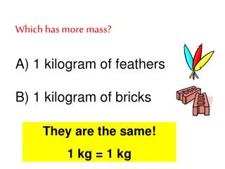 Which has more mass? A) 1 kilogram of feathers B) 1 kilogram of bricks