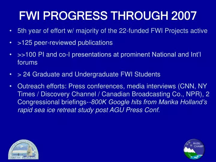 fwi progress through 2007