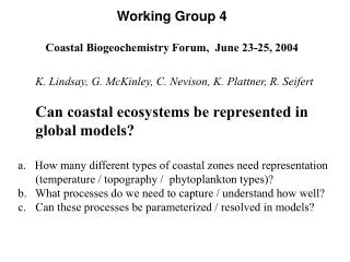 Working Group 4 Coastal Biogeochemistry Forum, June 23-25, 2004