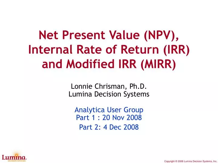 net present value npv internal rate of return irr and modified irr mirr