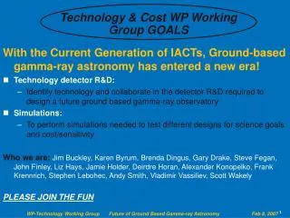 Technology &amp; Cost WP Working Group GOALS