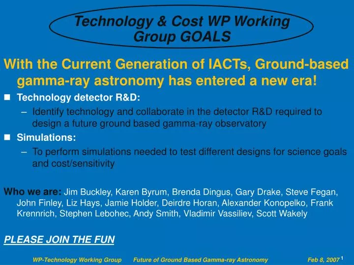 technology cost wp working group goals