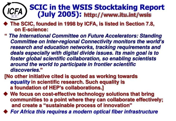 scic in the wsis stocktaking report july 2005 http www itu int wsis