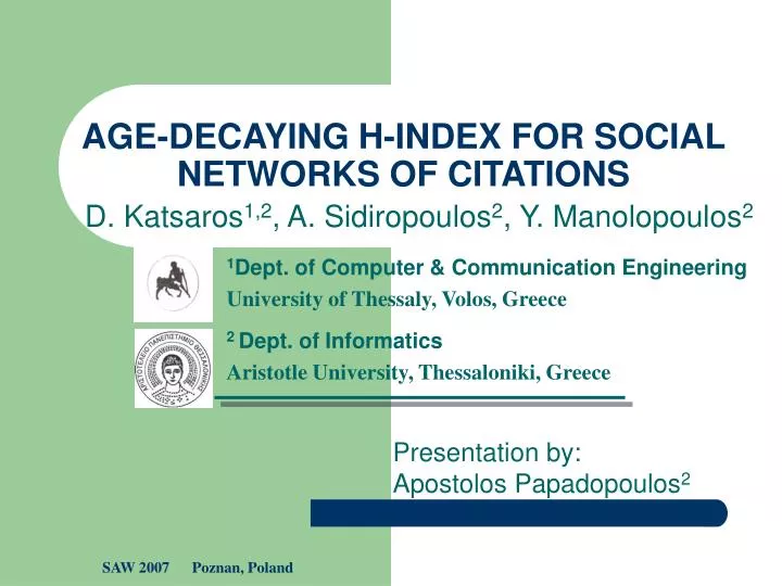 age decaying h index for social networks of citations