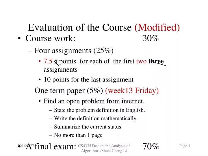 evaluation of the course modified