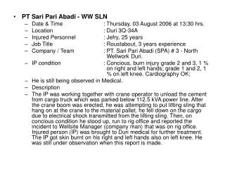 PT Sari Pari Abadi - WW SLN Date &amp; Time 		: Thursday, 03 August 2006 at 13:30 hrs.