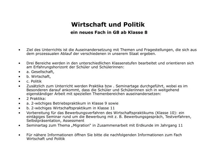 wirtschaft und politik ein neues fach in g8 ab klasse 8