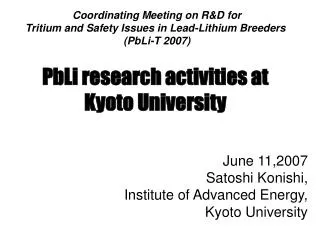 Coordinating Meeting on R&amp;D for Tritium and Safety Issues in Lead-Lithium Breeders (PbLi-T 2007)