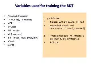 Variables used for training the BDT