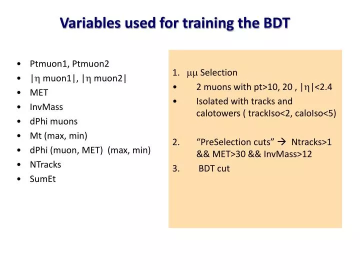 variables used for training the bdt