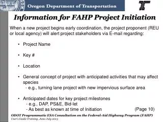 Information for FAHP Project Initiation