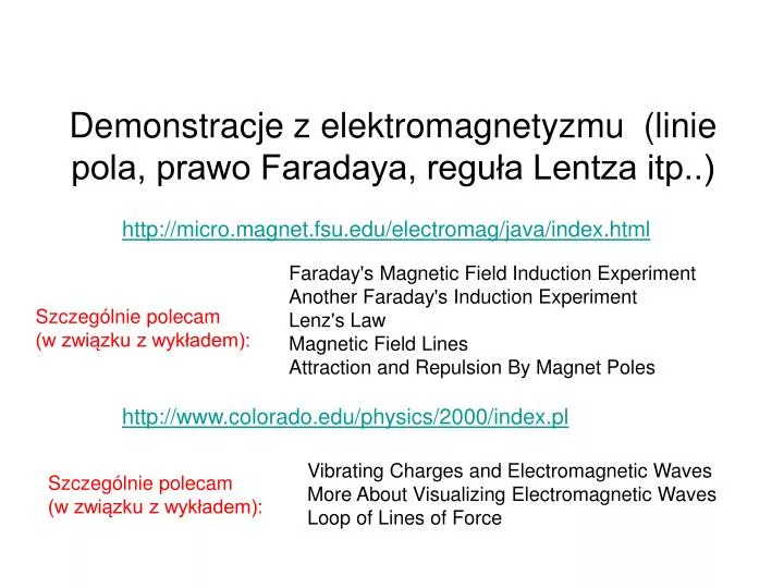 demonstracje z elektromagnetyzmu linie pola prawo faradaya regu a lentza itp