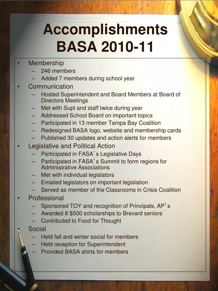 accomplishments basa 2010 11