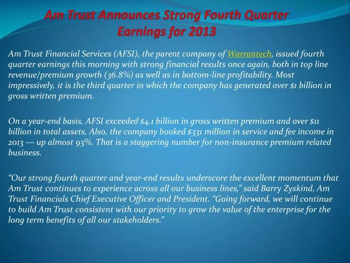 am trust announces strong fourth quarter earnings for 2013