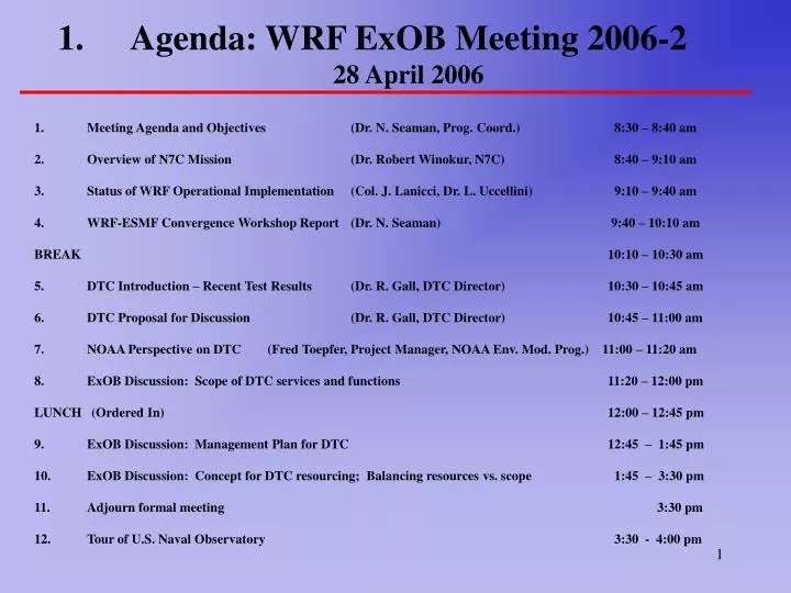 agenda wrf exob meeting 2006 2 28 april 2006