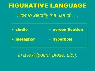 FIGURATIVE LANGUAGE How to identify the use of . . . in a text (poem, prose, etc.).