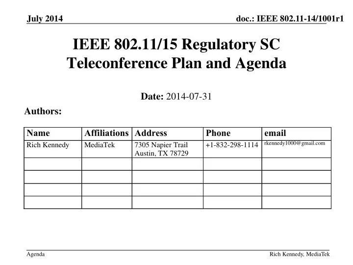 ieee 802 11 15 regulatory sc teleconference plan and agenda