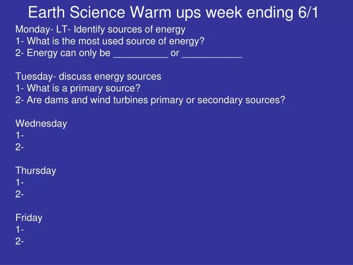 earth science warm ups week ending 6 1