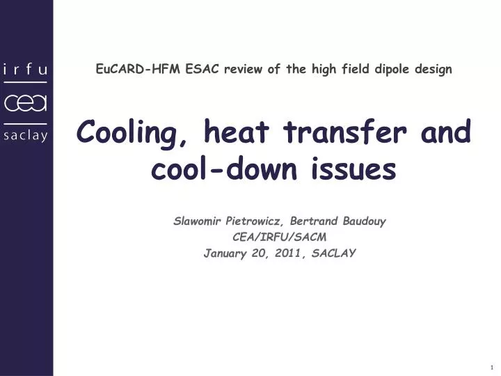 eucard hfm esac review of the high field dipole design cooling heat transfer and cool down issues