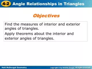 Find the measures of interior and exterior angles of triangles.