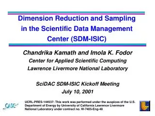 Dimension Reduction and Sampling in the Scientific Data Management Center (SDM-ISIC)
