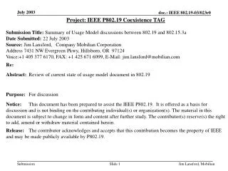 Project: IEEE P802.19 Coexistence TAG