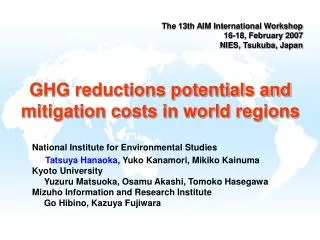GHG reductions potentials and mitigation costs in world regions