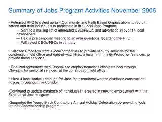 Summary of Jobs Program Activities November 2006