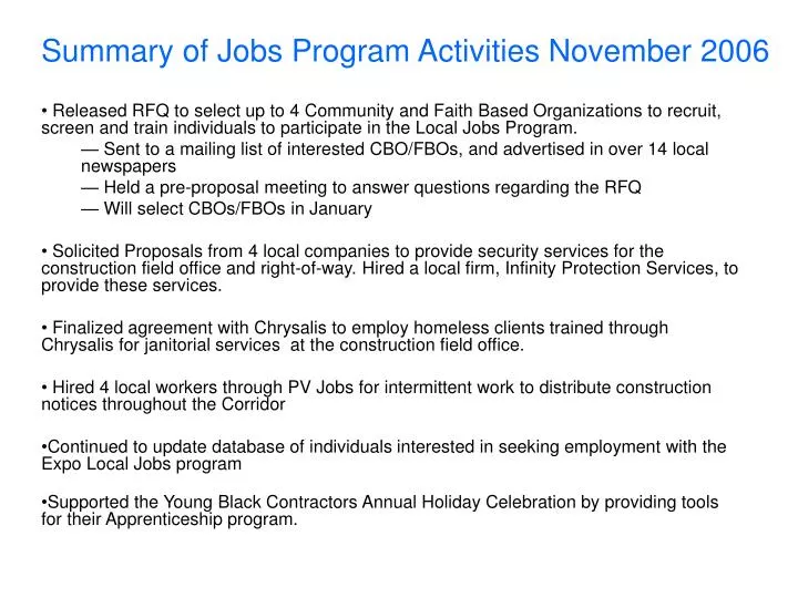 summary of jobs program activities november 2006