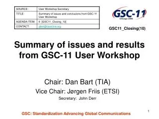 Summary of issues and results from GSC-11 User Workshop