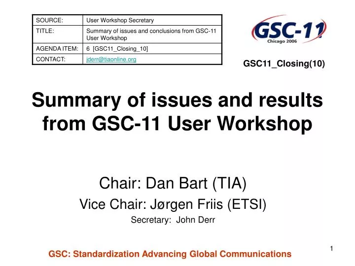 summary of issues and results from gsc 11 user workshop