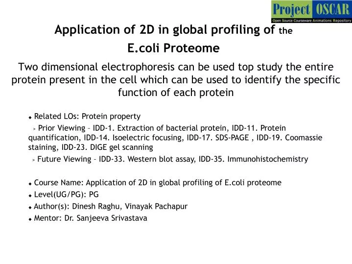application of 2d in global profiling of the e coli proteome