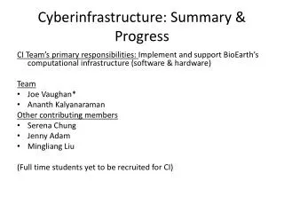 Cyberinfrastructure : Summary &amp; Progress