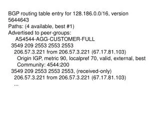 BGP routing table entry for 128.186.0.0/16, version 5644643 Paths: (4 available, best #1)