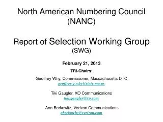 North American Numbering Council (NANC) Report of Selection Working Group (SWG)