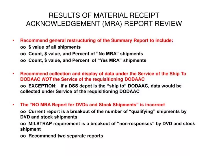 results of material receipt acknowledgement mra report review