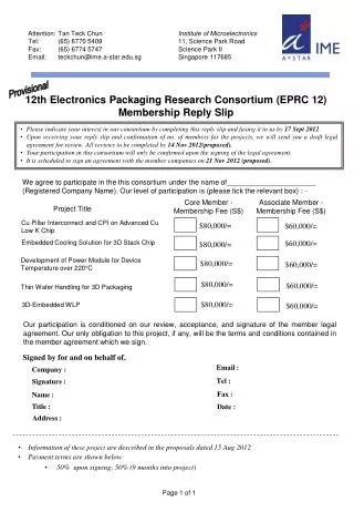 12th Electronics Packaging Research Consortium (EPRC 12) Membership Reply Slip