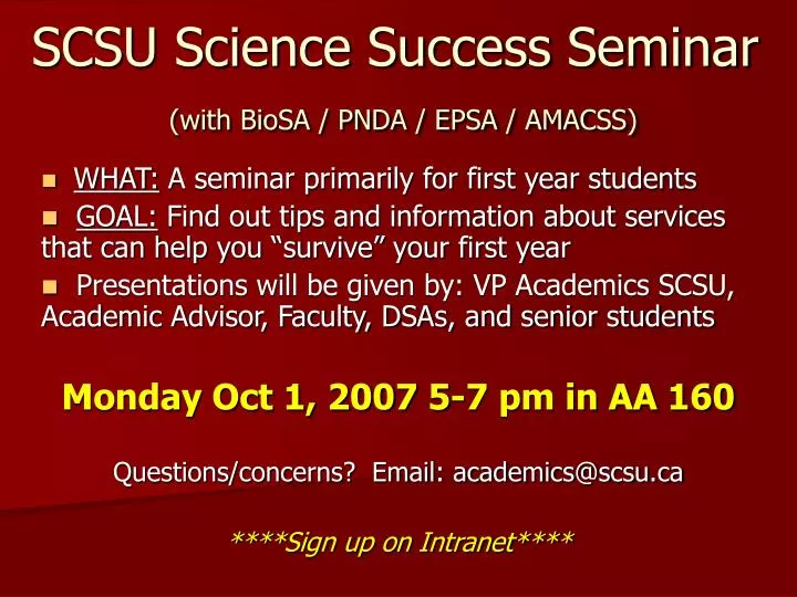 scsu science success seminar with biosa pnda epsa amacss