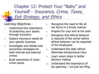 chapter 12 protect your baby and yourself insurance crime taxes exit strategy and ethics