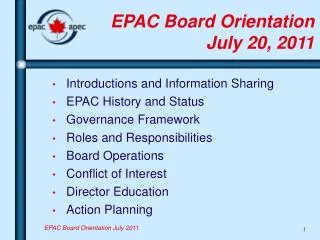 EPAC Board Orientation July 20, 2011